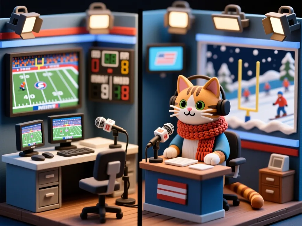 Cat broadcaster in split sports studio with football and winter sports