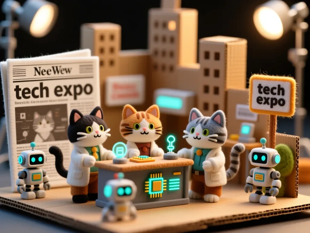 Cat inventors at a tiny tech expo diorama