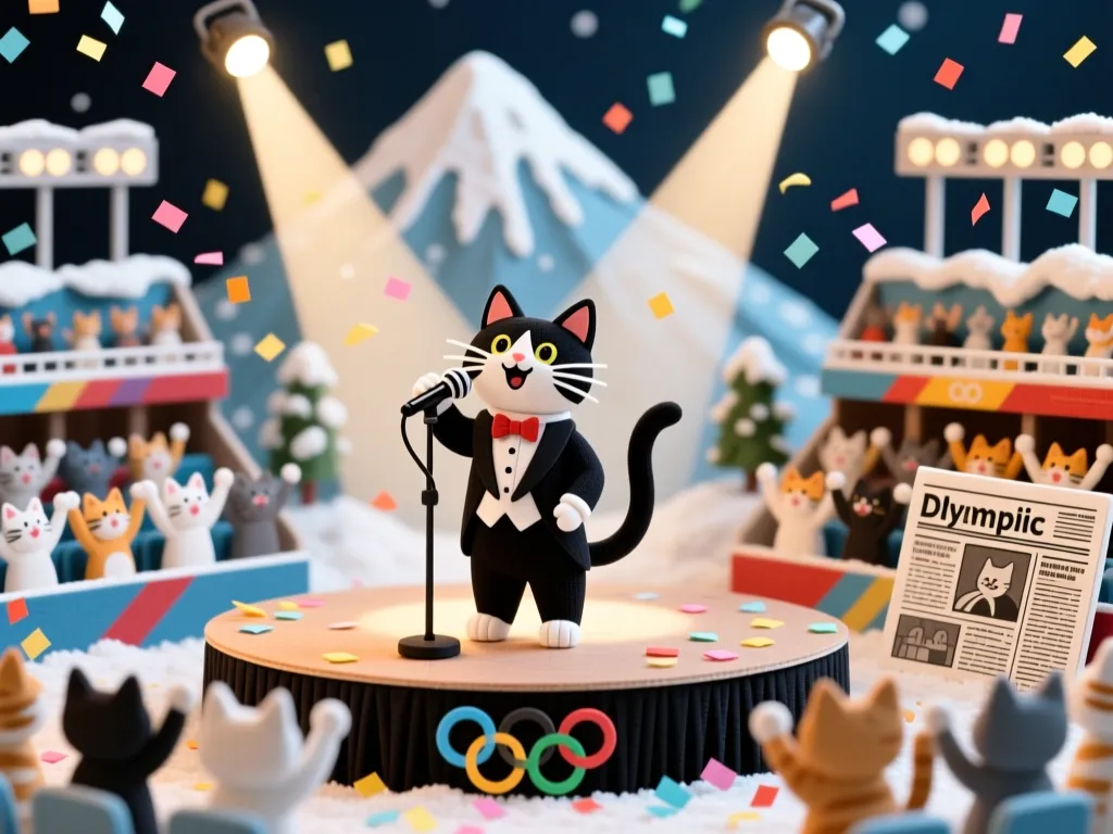 Tuxedo cat performing at an Olympic-style opening ceremony